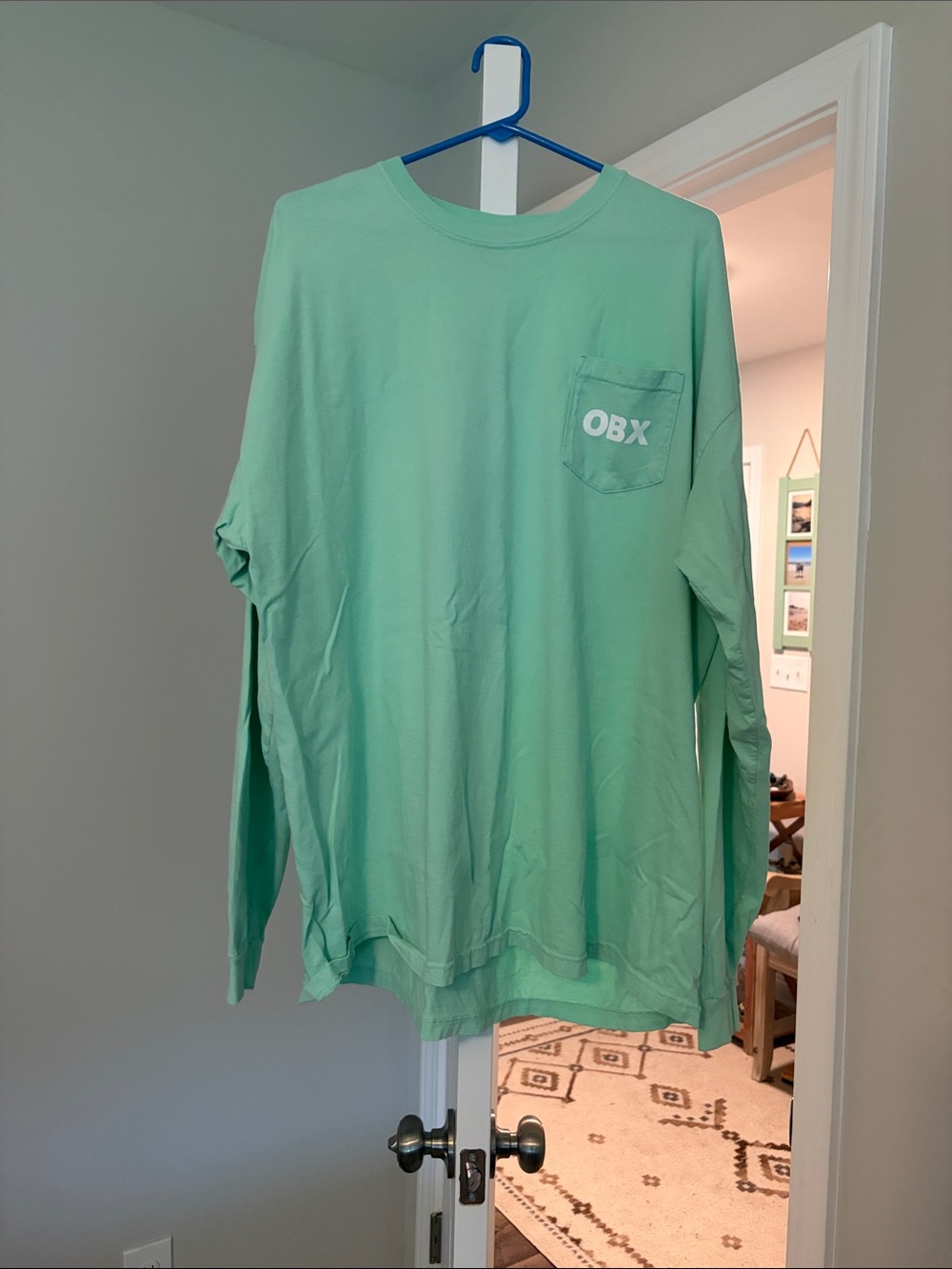 Comfort Colors Long Sleeve Pocket Tee in Mint Green with OBX Chest Logo